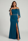 Peacock Blue Off the Shoulder Mermaid Beaded Long Mother of the Bride Dress with 3D Flowers
