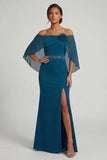 Peacock Blue Off the Shoulder Mermaid Beaded Long Mother of the Bride Dress with 3D Flowers