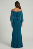 Peacock Blue Off the Shoulder Mermaid Beaded Long Mother of the Bride Dress with 3D Flowers