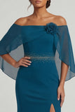 Peacock Blue Off the Shoulder Mermaid Beaded Long Mother of the Bride Dress with 3D Flowers
