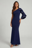 One Shoulder Mermaid Navy Ruffled Long Mother of the Bride Dress with Beadings