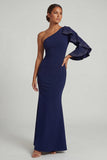 One Shoulder Mermaid Navy Ruffled Long Mother of the Bride Dress with Beadings