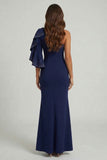 One Shoulder Mermaid Navy Ruffled Long Mother of the Bride Dress with Beadings