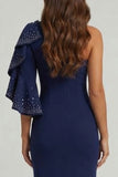 One Shoulder Mermaid Navy Ruffled Long Mother of the Bride Dress with Beadings