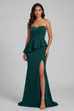 Strapless Dark Green Beaded Ruffled Mermaid Long Formal Dress with Slit