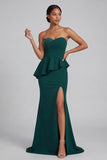 Strapless Dark Green Beaded Ruffled Mermaid Long Formal Dress with Slit