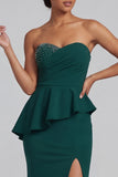 Strapless Dark Green Beaded Ruffled Mermaid Long Formal Dress with Slit