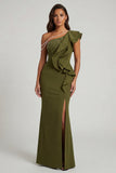 Olive Mermaid One Shoulder Ruffled Long Mother of the Bride Dress with Slit