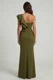 Olive Mermaid One Shoulder Ruffled Long Mother of the Bride Dress with Slit
