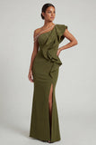 Olive Mermaid One Shoulder Ruffled Long Mother of the Bride Dress with Slit