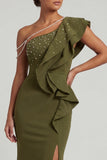 Olive Mermaid One Shoulder Ruffled Long Mother of the Bride Dress with Slit