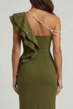 Olive Mermaid One Shoulder Ruffled Long Mother of the Bride Dress with Slit