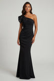 Black One Shoulder Mermaid Beaded Long Mother of the Bride Dress with Lace