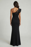 Black One Shoulder Mermaid Beaded Long Mother of the Bride Dress with Lace