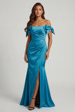Off the Shoulder Peacock Blue Mermaid Beaded Long Mother of the Bride Dress with Bow
