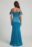 Off the Shoulder Peacock Blue Mermaid Beaded Long Mother of the Bride Dress with Bow