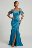 Off the Shoulder Peacock Blue Mermaid Beaded Long Mother of the Bride Dress with Bow