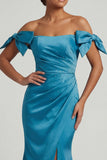 Off the Shoulder Peacock Blue Mermaid Beaded Long Mother of the Bride Dress with Bow