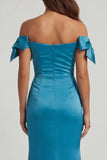 Off the Shoulder Peacock Blue Mermaid Beaded Long Mother of the Bride Dress with Bow