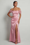 Off the Shoulder Pink Mermaid Long Mother of the Bride Dress with Slit