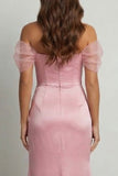 Off the Shoulder Pink Mermaid Long Mother of the Bride Dress with Slit