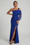 Royal BLue Mermaid One Shoulder Long Mother of the Bride Dress with Slit