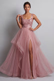 Pink A Line Sequin Square Neck Long Mother of the Bride Dress with Slit