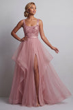 Pink A Line Sequin Square Neck Long Mother of the Bride Dress with Slit