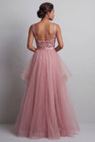 Pink A Line Sequin Square Neck Long Mother of the Bride Dress with Slit