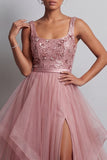 Pink A Line Sequin Square Neck Long Mother of the Bride Dress with Slit