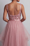 Pink A Line Sequin Square Neck Long Mother of the Bride Dress with Slit