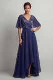Navy A Line V Neck Floral Long Mother of the Bride Dress with Sleeves