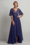 Navy A Line V Neck Floral Long Mother of the Bride Dress with Sleeves