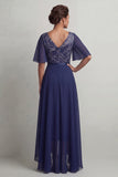 Navy A Line V Neck Floral Long Mother of the Bride Dress with Sleeves