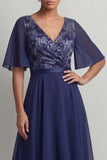 Navy A Line V Neck Floral Long Mother of the Bride Dress with Sleeves