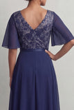 Navy A Line V Neck Floral Long Mother of the Bride Dress with Sleeves