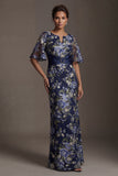 Navy Floral Sheath Long Mother of the Bride Dress with Sleeves