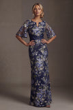Navy Floral Sheath Long Mother of the Bride Dress with Sleeves