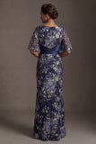 Navy Floral Sheath Long Mother of the Bride Dress with Sleeves