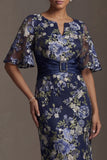 Navy Floral Sheath Long Mother of the Bride Dress with Sleeves