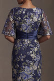 Navy Floral Sheath Long Mother of the Bride Dress with Sleeves