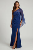 Dark Blue One Shoulder Mermaid Long Mother of the Bride Dress with Slit