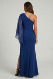 Dark Blue One Shoulder Mermaid Long Mother of the Bride Dress with Slit