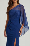 Dark Blue One Shoulder Mermaid Long Mother of the Bride Dress with Slit