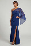 Dark Blue One Shoulder Mermaid Long Mother of the Bride Dress with Slit