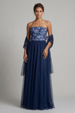 Navy A Line Strapless Long Tulle Mother of the Bride Dress with Streamer