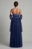 Navy A Line Strapless Long Tulle Mother of the Bride Dress with Streamer