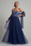 Navy A Line Strapless Long Tulle Mother of the Bride Dress with Streamer
