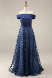 Navy A Line Off The Shoulder Sequins Long Mother of the Bride Dress