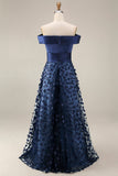 Navy A Line Off The Shoulder Sequins Long Mother of the Bride Dress